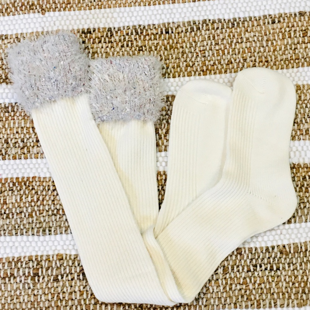 Ribbed knit faux fur knee high socks white cream cotton cozy winter woma…